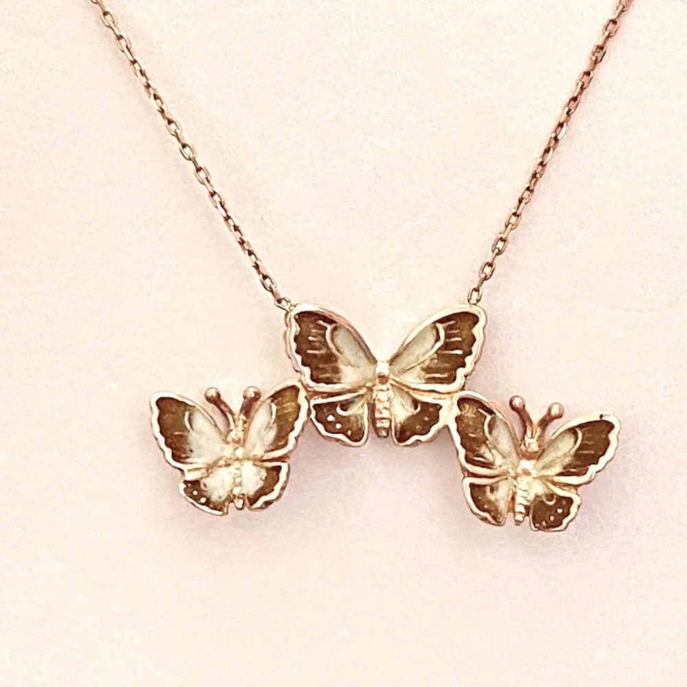 925 Silver brown butterflies necklace handmade enamel 14k rose gold plated